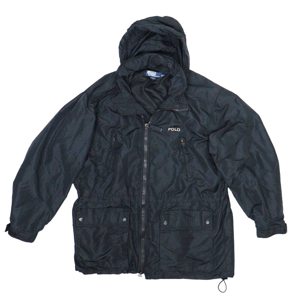 Vtg Polo Ralph Lauren Black Nylon‎ Moto Utility Jacket Men XL Packable Hood Zip
